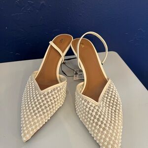 ZARA- NWT Ivory/White Pearl-Embellished Mesh Women's Shoes Heels